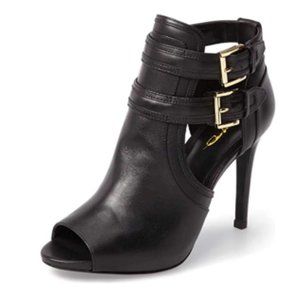 XYD Black Peep Toe High Heels Buckled Double Straps Cutout Ankle Boots